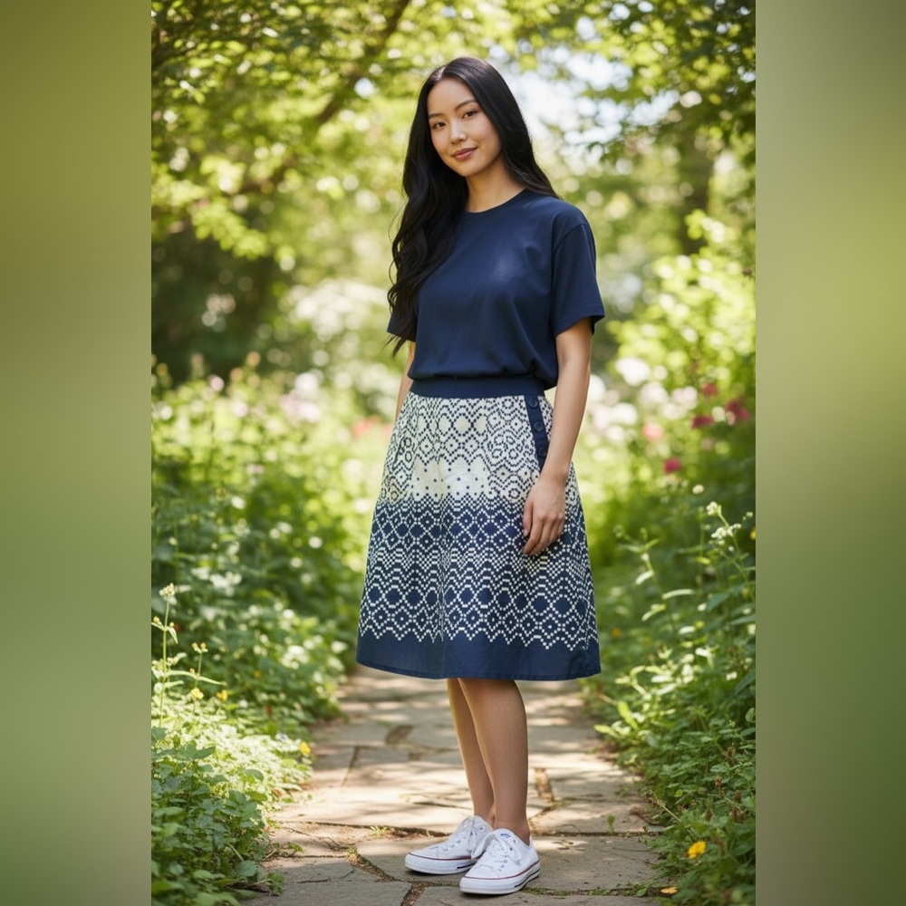 NWT Lily White Cotton Mod Print Skirt - Navy Blue & White - Pockets - Size M